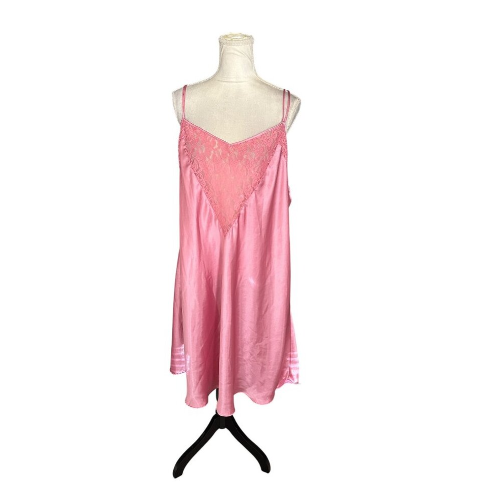Pink Lace-Trim Satin Nightgown By Intimate Pleasures Spaghetti Straps Open-Back